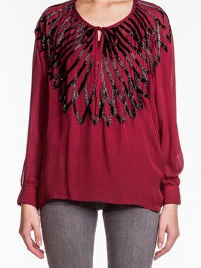 Parker Bugle Top Burgundy PA662BLB Sheer Silk Beaded Tie Neck Long Sleeves NWT